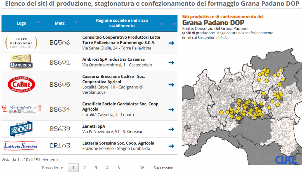 CLAL.it - Mappa dei siti di produzione, stagionatura e confezionamento del formaggio Grana Padano DOP